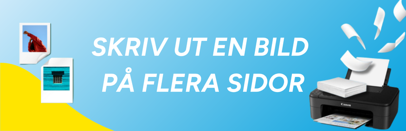 Illustration med texten ‘Skriv ut en bild på flera sidor’, en skrivare som skriver ut papper samt små bildikoner mot blå bakgrund.